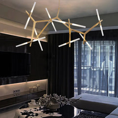 Geometric gold chandelier elevating a modern kitchen design