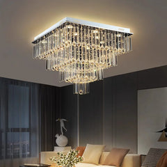 Geometric grid crystal chandelier styled in a contemporary home