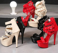 Red ankle strap platform heels styled for summer occasions