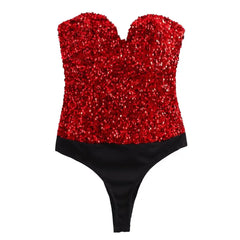 Emerald green sequined bodysuit displayed in a party-ready look.