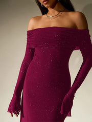 Sequin-embellished mesh dress with fitted bodice and maxi hem