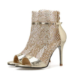 Gold glitter rhinestone mesh peep-toe ankle heels