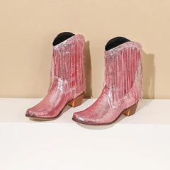 Pink sequined western ankle boot with fringe