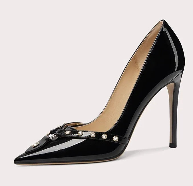 Glossy high heel pumps with rivet detail