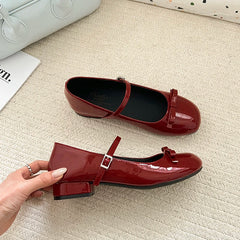 Close-up of square heel round toe Mary Jane shoes