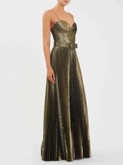 Full-length view of a gold belted evening gown with flowing pleats.