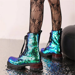 Gold and blue sequined ankle boots with lace-up front