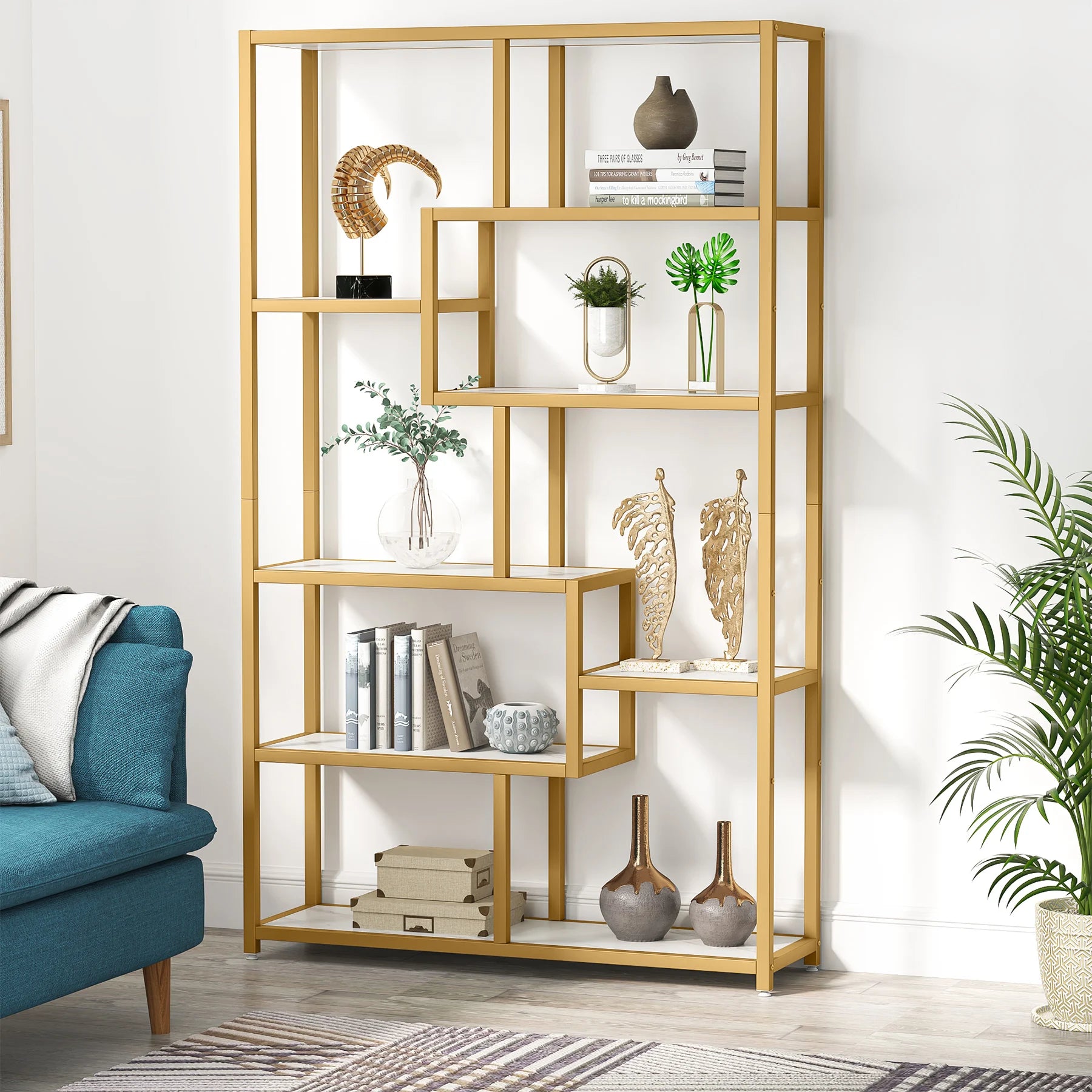 modern 5-tier gold bookshelf with 8 open wood shelves
