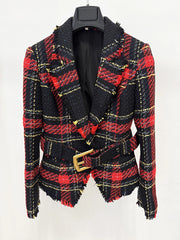 Front close view highlighting the notched lapel, deep V opening, and textured tweed weave with bold plaid lines and a waist-cinching belt