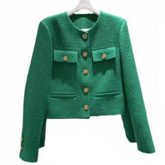 Single breasted green tweed coat with four pockets
