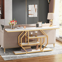 gold 70 inch console table with four open wood shelves
