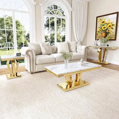
“Gold console table with faux marble top in entryway setting”

