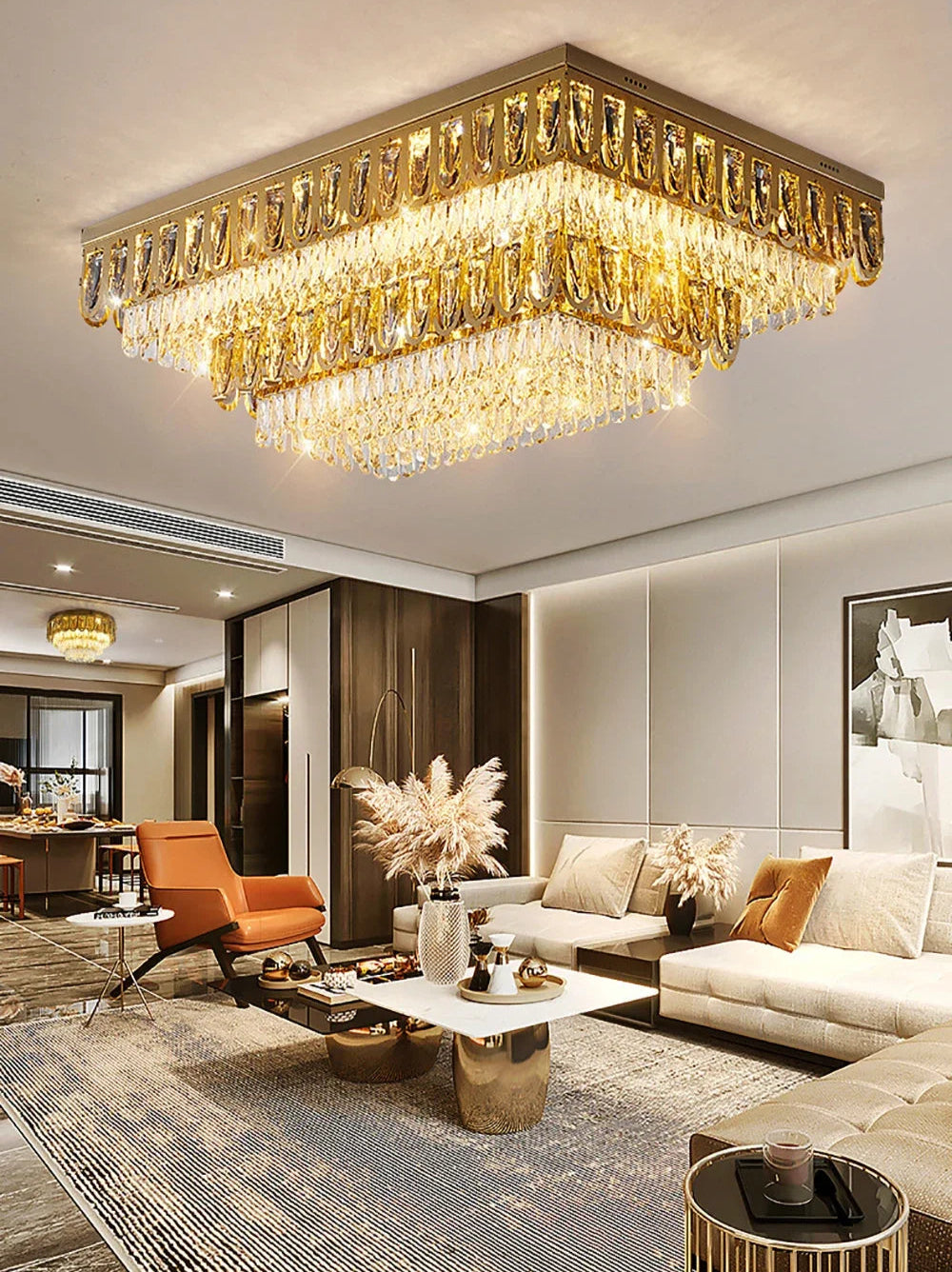 Gold crystal flush chandelier with layered glass in a luxury living room