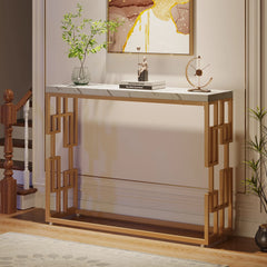 “Modern console table styled in hallway with decor accents”

