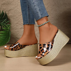 Leopard print wedge sandals with gold shimmer design