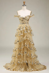 Off-shoulder A-line prom gown with tiered sequin layers