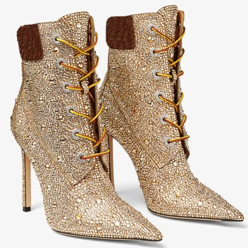 Gold rhinestone lace-up ankle boot heels with pointed toe