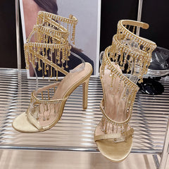 Gold rhinestone heels with crystal ankle fringe