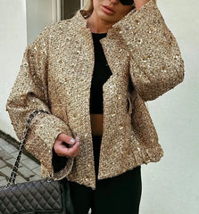 Gold sequin jacket with stand collar and single breasted closure