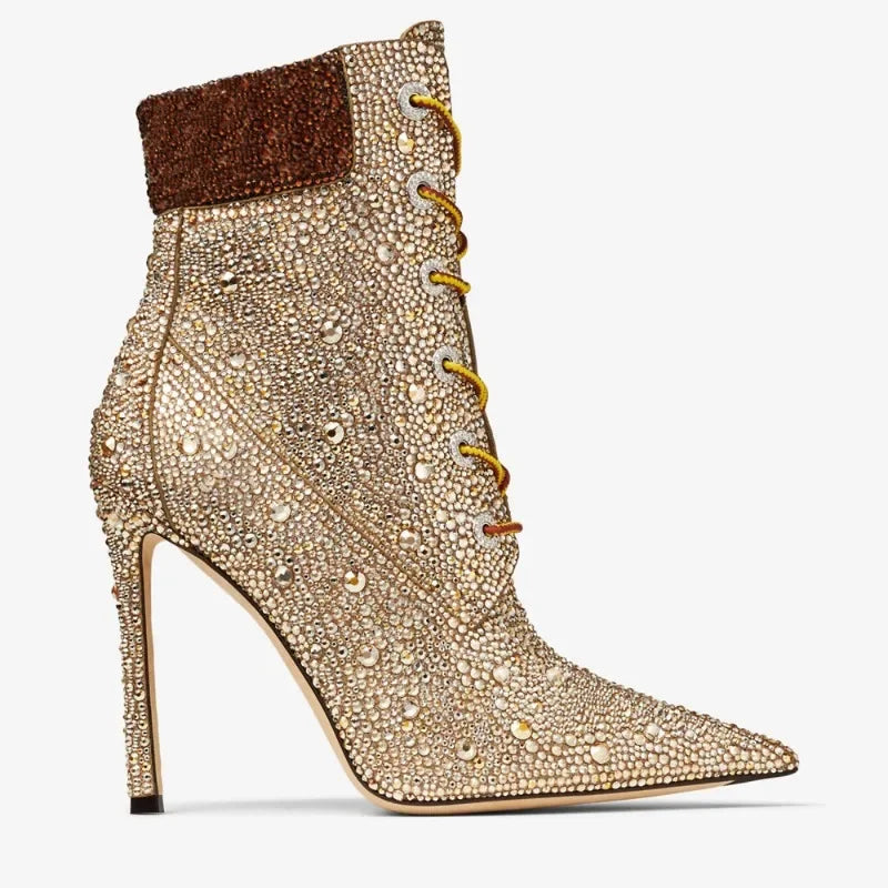 Women’s gold ankle boot heels with rhinestone detail