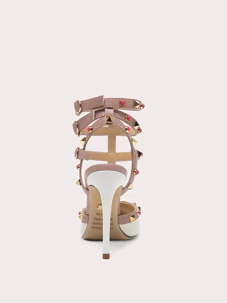 Runway gold stud white heels for bold fashion occasions