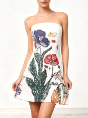 Styled look featuring an embellished strapless mini dress for evening events