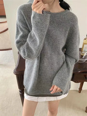 Gray lace-up O-neck knitted cardigan with loose fit
