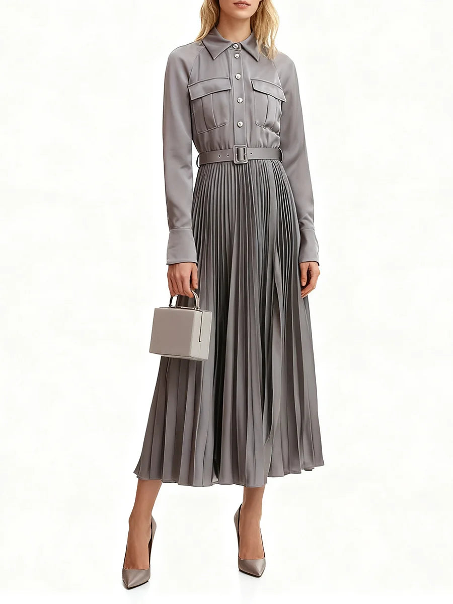 Shirt-collar ankle-length dress with belted waist and pleated skirt