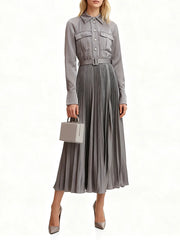 Shirt-collar ankle-length dress with belted waist and pleated skirt