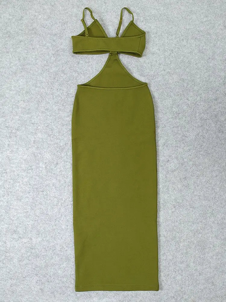 bodycon green maxi dress with bold event look for women