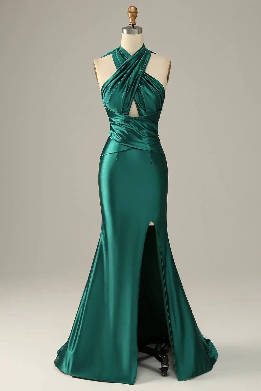 Green satin mermaid gown with criss-cross halter neckline