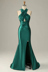 Green satin mermaid gown with criss-cross halter neckline