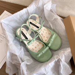 Green floral thick heel gladiator sandals in box