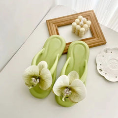 Green flip-flops with white orchids on a light surface with a wooden frame and decorative items in the background.
