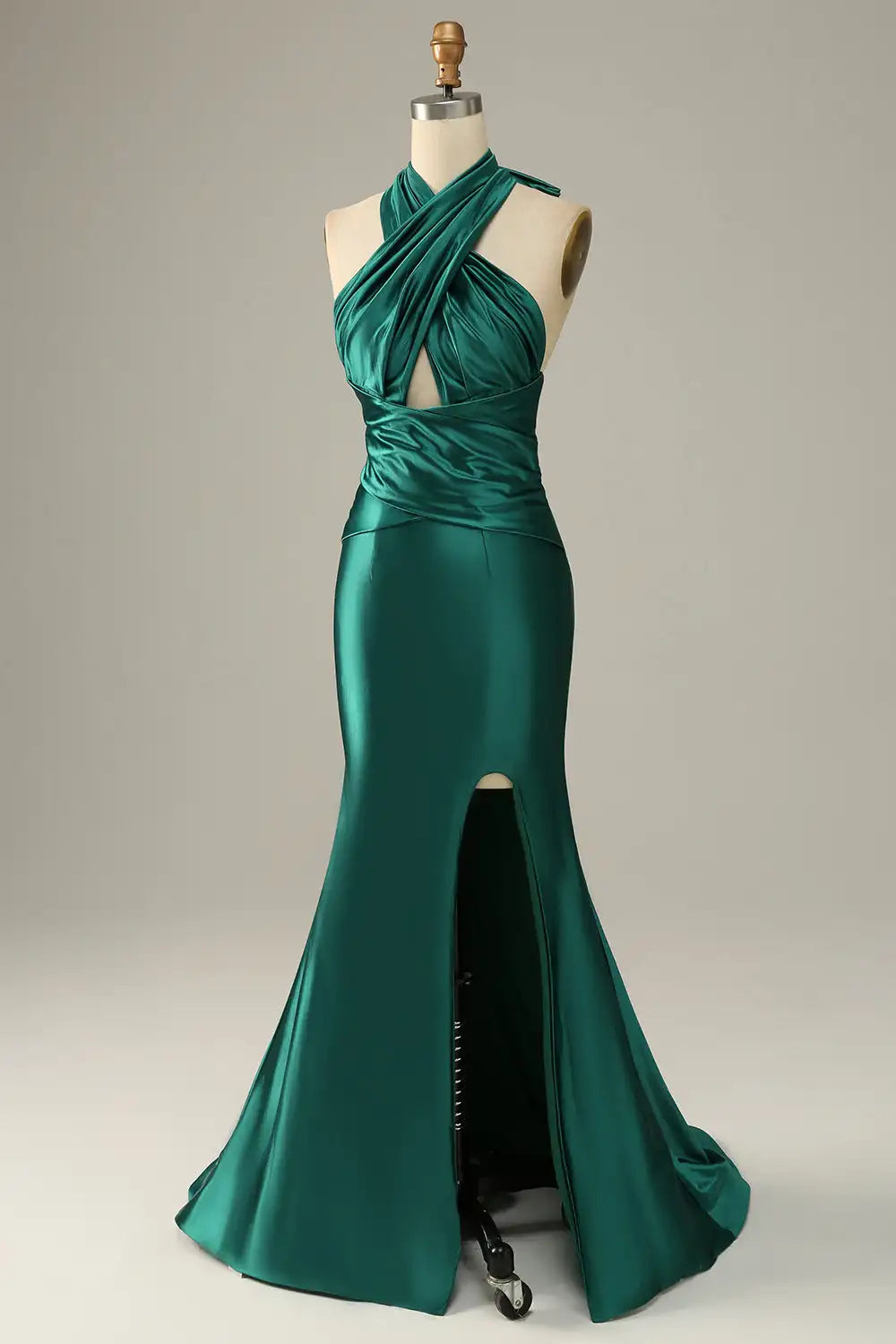 Side slit detail on a floor-length satin formal gown