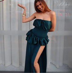 Green strapless ruffled maxi dress styled for elegant evening events