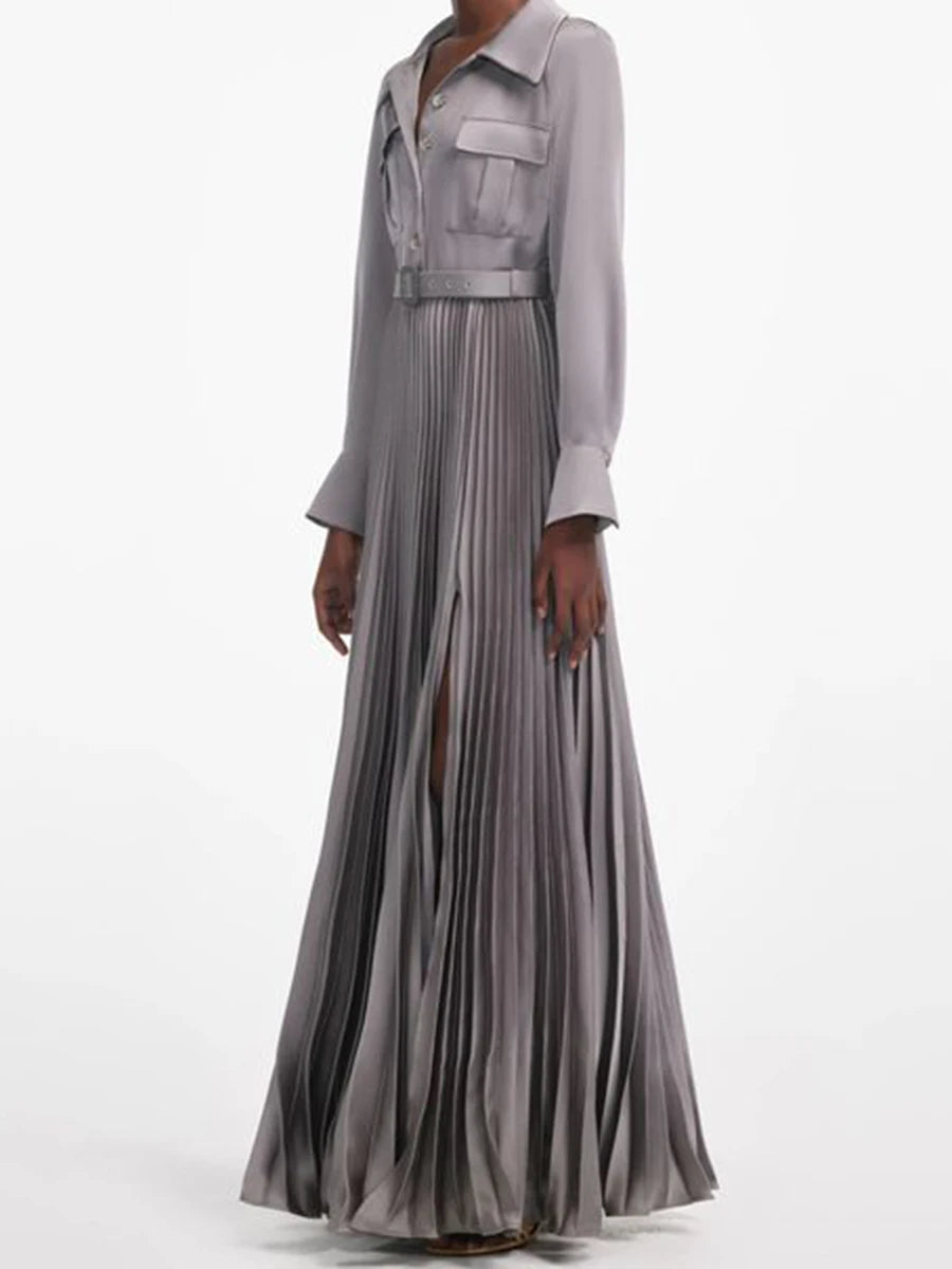 Long sleeve dress with turn-down collar and structured bodice fit