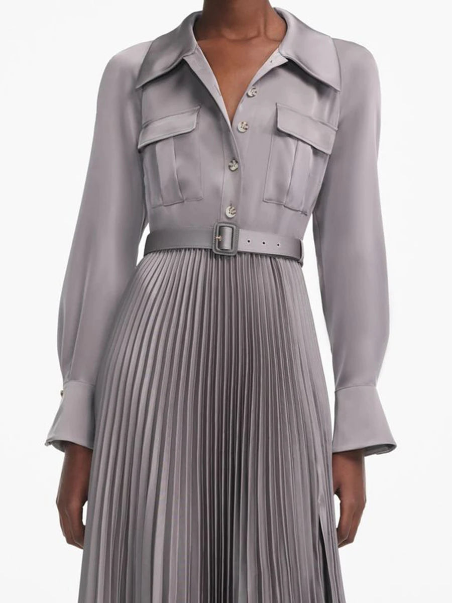 Ankle-length A-line dress with crisp pleats and long sleeves