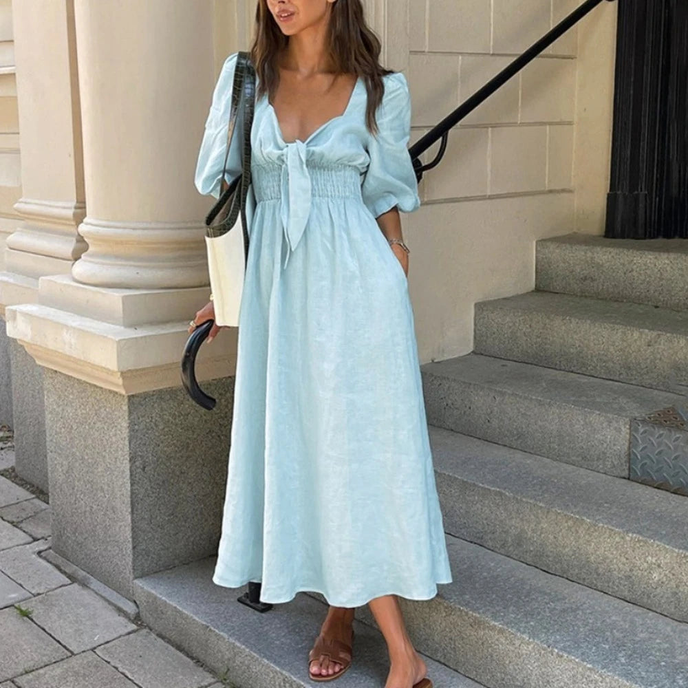 Half sleeve lace-up blue midi dress perfect for autumn days and garden parties