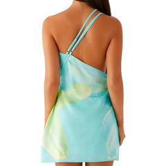 Back side of a woman wearing a resort-ready backless dress styled for summer vacations with thin straps on a white background .