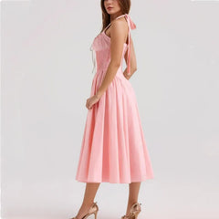 Elegant women’s lace overlay corset midi dress- side view