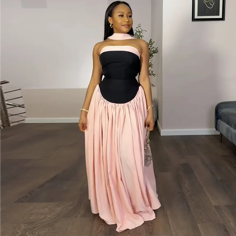 CM.YAYA Women Fashion Halter Neck Pleated Big Swing High Waist Maxi Long Dress 2025 Summer Party Night Club Vestidos Dresses Black Pink / XL CM.YAYA Women Fashion Halter Neck Pleated Big Swing High Waist Maxi Long Dress 2025 Summer Party Night Club Vestidos Dresses Black Pink / XL