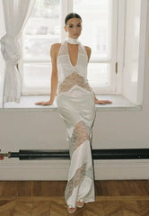 Halter lace hollow maxi dress in white styled for special occasions