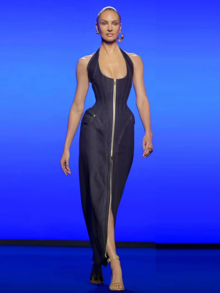 Women’s halter neck zipper gown for club nights