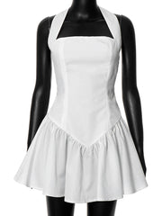 Manaquein  wearing a halter neck mini dress.