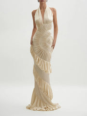Beige halter maxi dress with sculptural pleats and ruffles