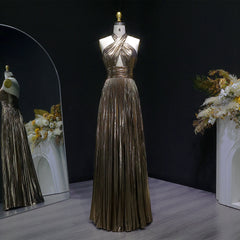 Halter-neck pleated satin A-line gown with floor-length skirt