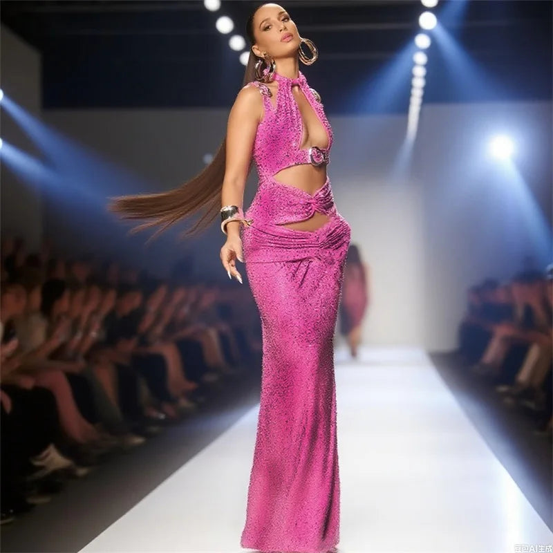 Pink jersey maxi dress featuring cutouts and sparkling crystal detail

