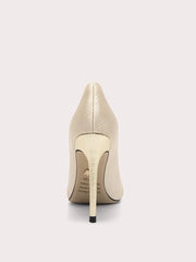 Side view of handmade embossed cloth heels
