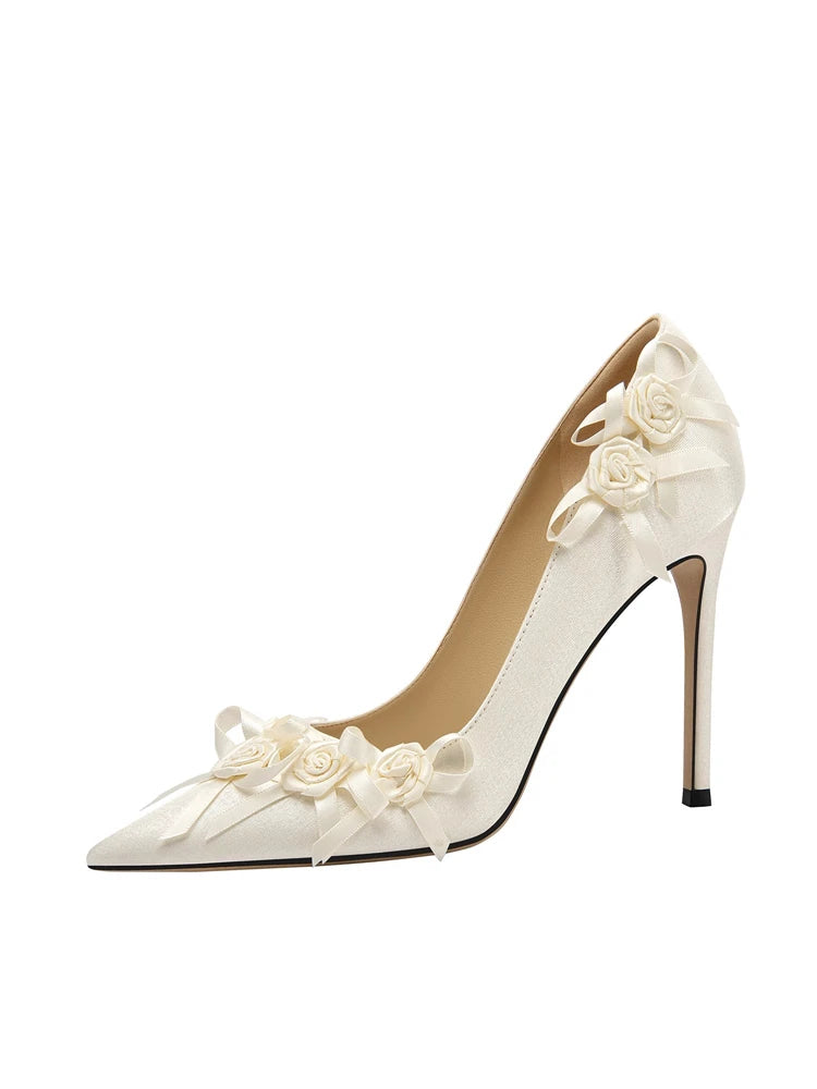 Slip-on floral wedding heels with comfort insole